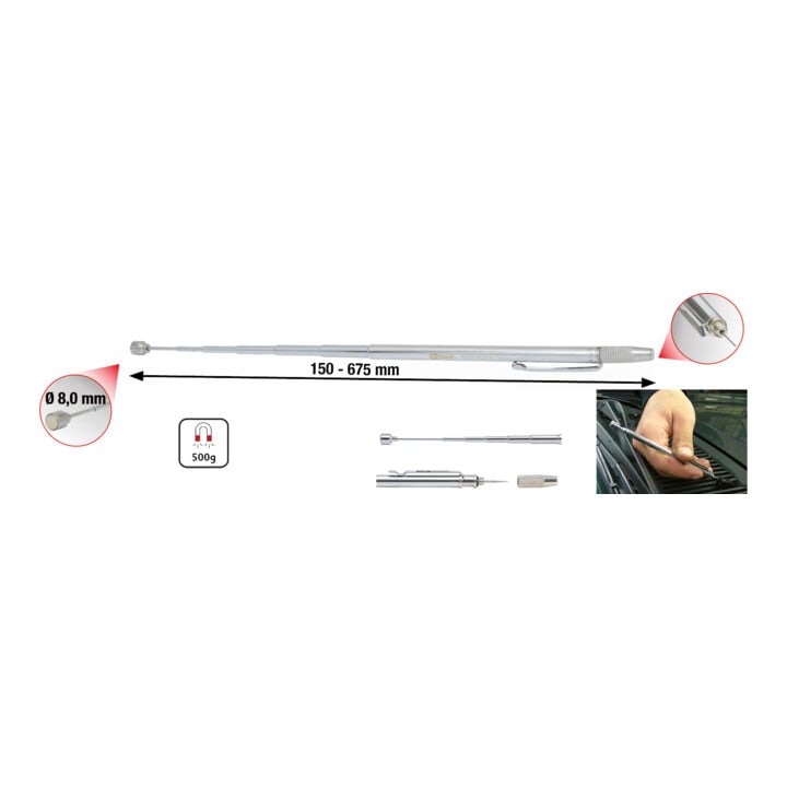 KS Tools 2in1 Teleskop-Magnethalter mit Waschdüsen-Reinigungs- und Einstellwerkzeug, 150-675mm