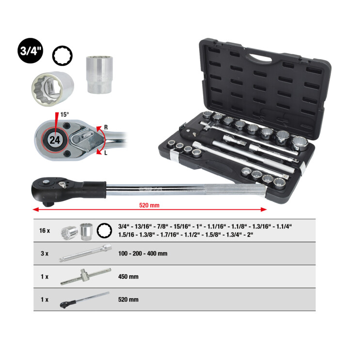 KS Tools 3/4" Coffret de douilles, 21 pcs. 12 pans