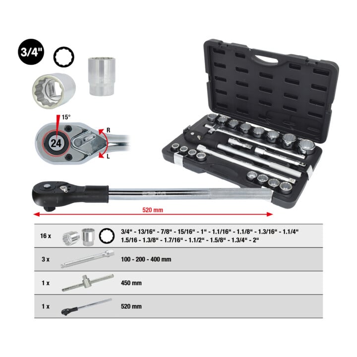 KS Tools 3/4" dopsleutelset, 21-delig 12-delig