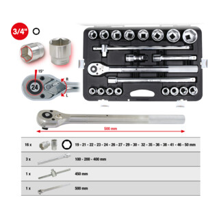 KS Tools 3/4 inch dopsleutelset, 21-delig zeskant