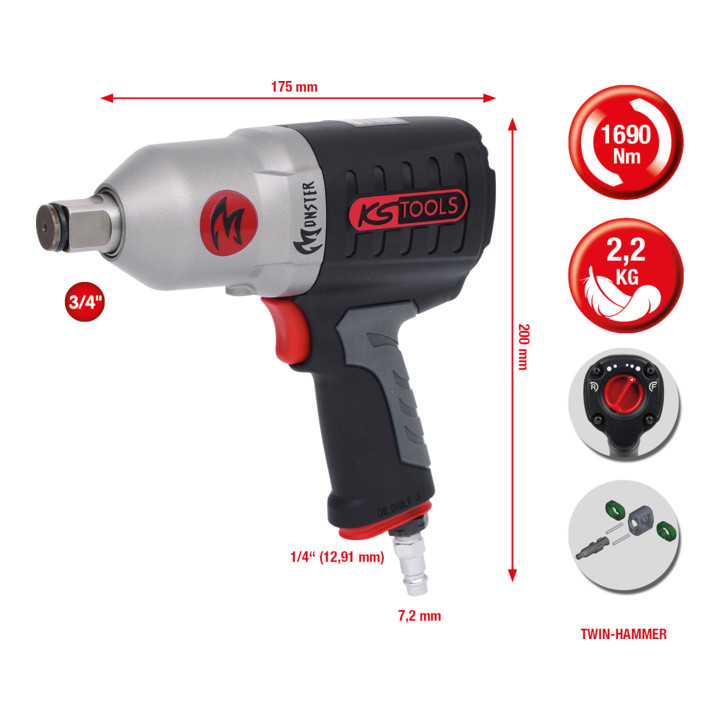 KS Tools 3/4" MONSTER krachtige luchtslagmoersleutel 1690Nm