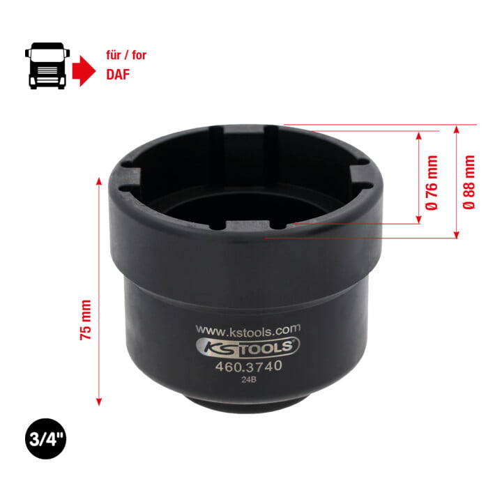 KS Tools 3/4" Nutmuttern-Schlüssel mit 4 Zapfen für DAF, Innenzapfen Ø 66,8 mm