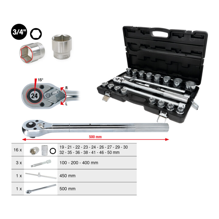 KS Tools 3/4 Zoll Steckschlüssel-Satz, 21-tlg. 6-kant