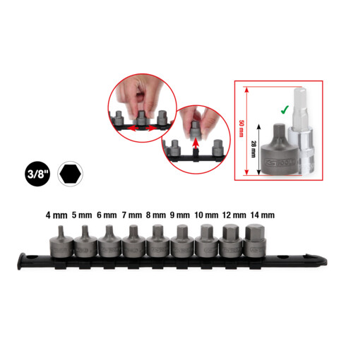 KS Tools 3/8" bit-dop inbus, kort, 9-dlg, 4 - 14 mm