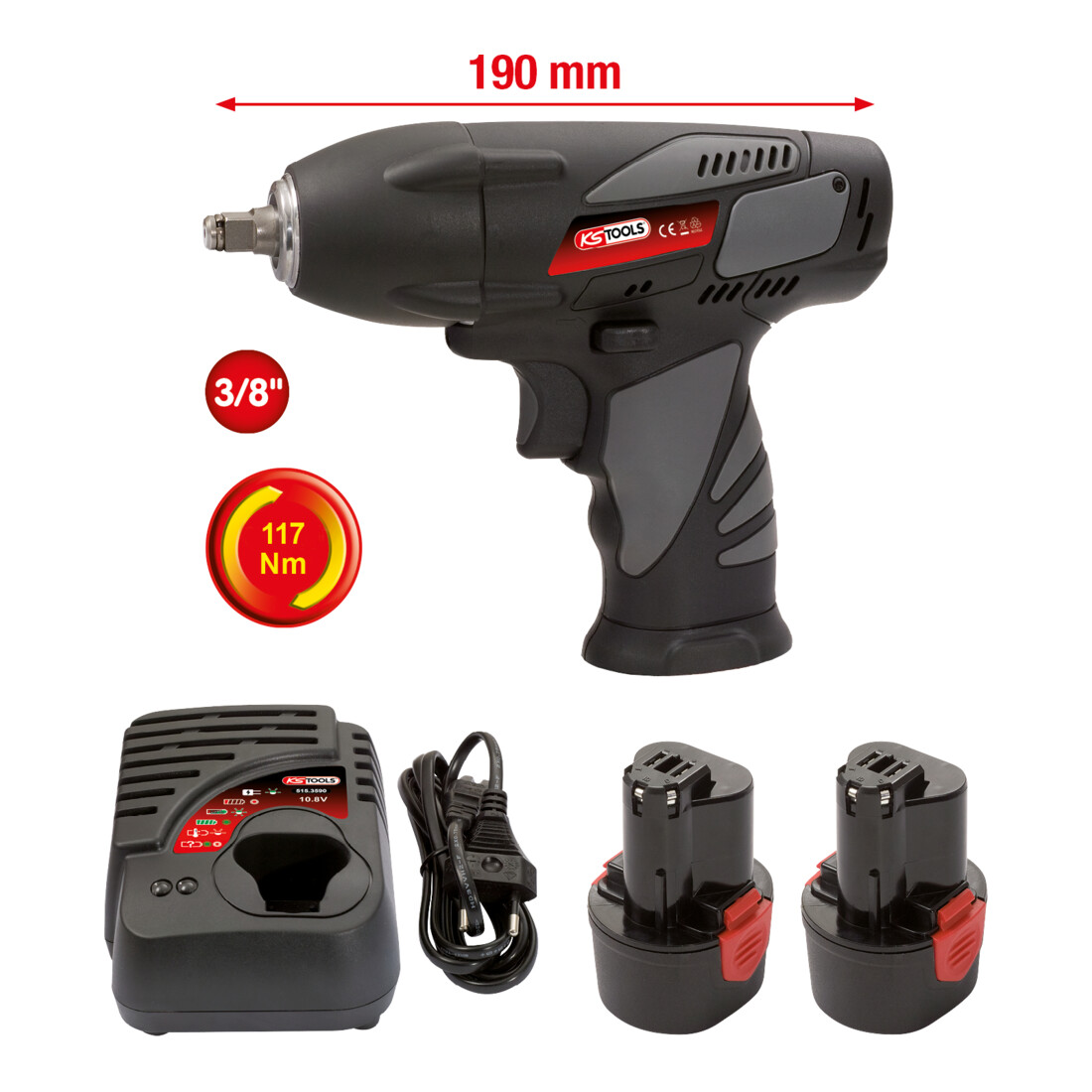 KS Tools 3/8" Clé à chocs sur batterie, 117Nm, 1.870 Tr/min, avec 2 batteries et chargeur