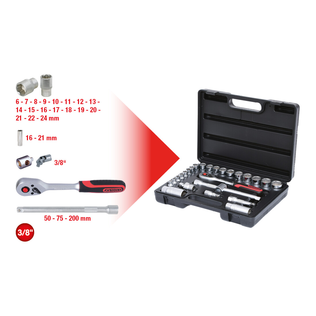 KS Tools 3/8" dopsleutelset, 26 stuks