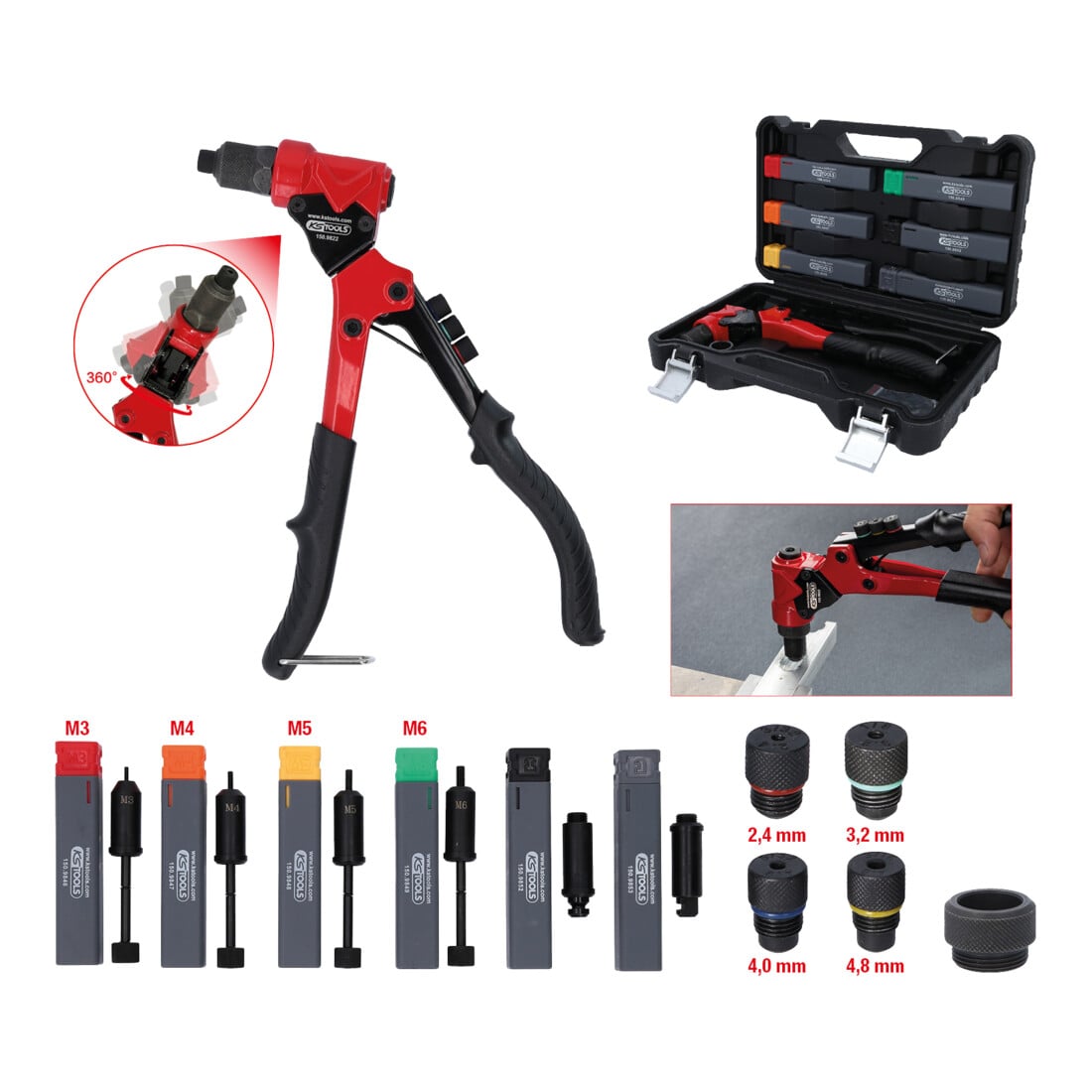 KS Tools 3 in 1 Handnietzangen-Satz, drehbar, 12-tlg