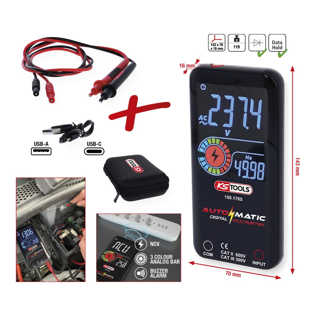 KS Tools Automatik Digital-Multimeter inkl. Prüfspitzen