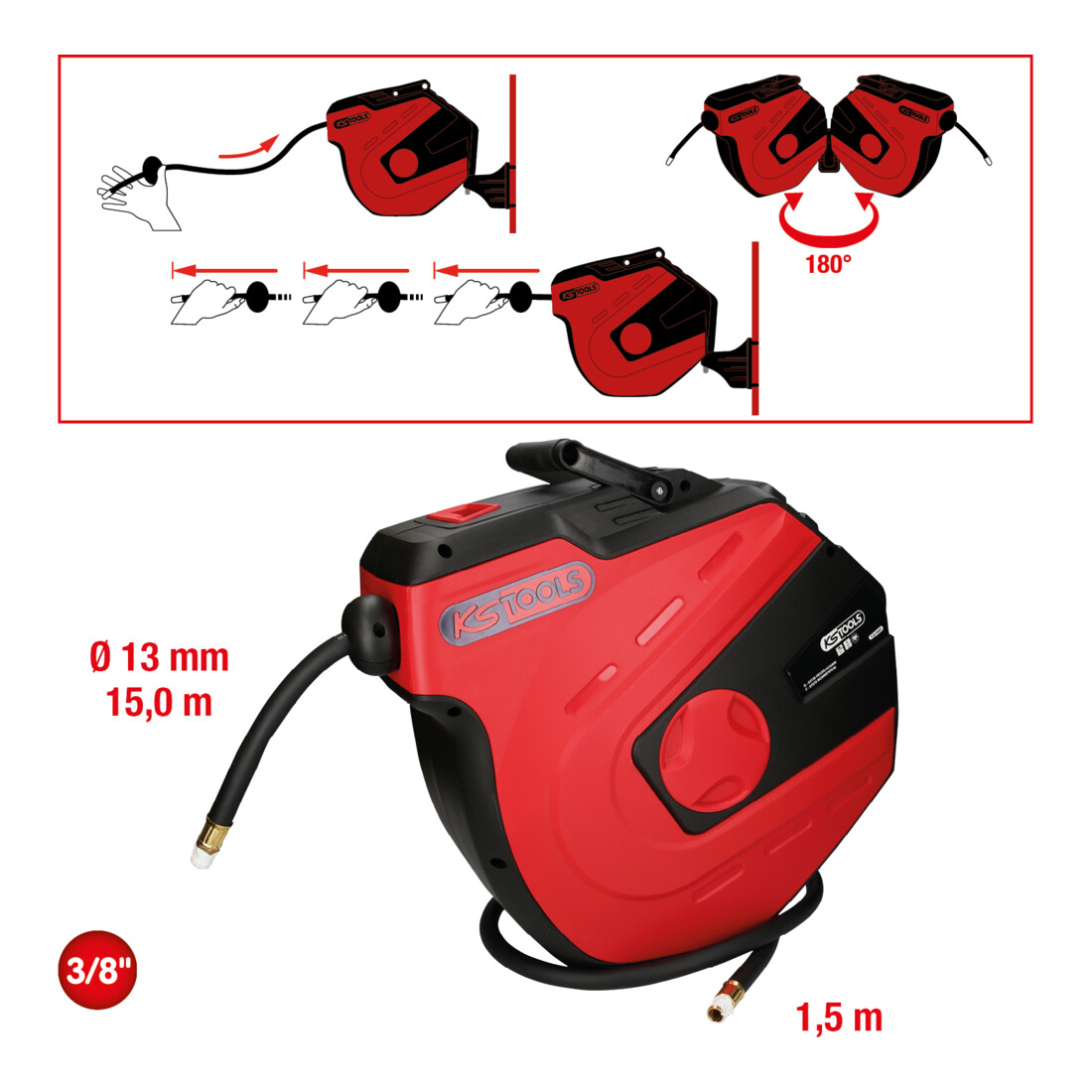 KS Tools automatische persluchtslanghaspel, diameter 13mm x 15m
