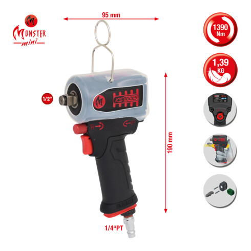 KS Tools Avvitatore ad impulsi pneumatico miniMONSTER 1/2" ad alte prestazioni, 1.390 Nm, con coperchio di protezione