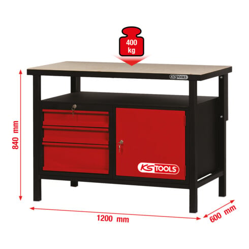 KS Tools Banco da lavoro con 3 cassetti e 1 porta, H840xL1200xD600mm