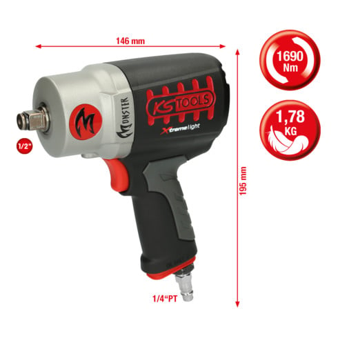 KS Tools Boulonneuse à percussion pneumatique haute performance 1/2" MONSTER Xtremelight 1690 Nm