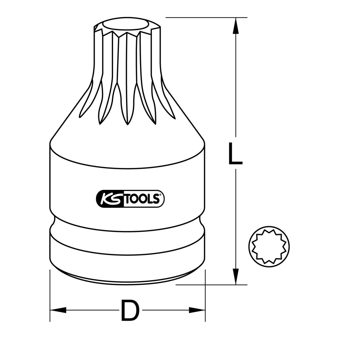 KS Tools Bussola 3/4" per bit multidente, per avvitatori ad impulsi, con foro, corta