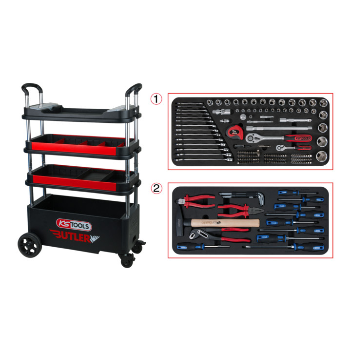 KS Tools BUTLER Charriot d'atelier / de montage, rabattable, abaissable avec fermeture à clé et 175 outils d'excellente qualité