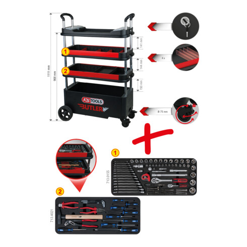KS Tools BUTLER gereedschapswagen / montagewagen, inklapbaar, neerlaatbaar en afsluitbaar met 175 premium gereedschappen