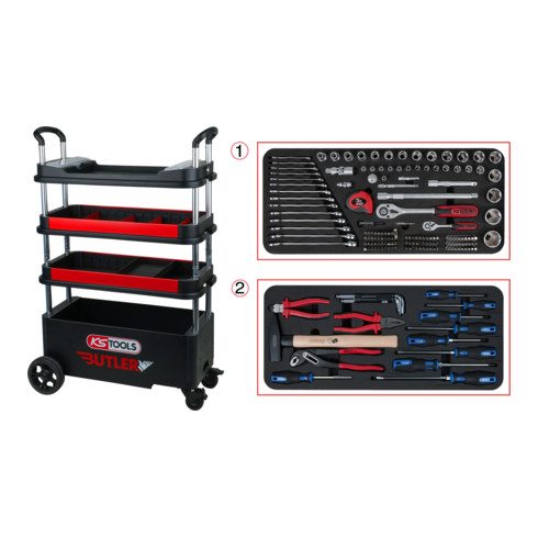 KS Tools BUTLER gereedschapswagen / montagewagen, inklapbaar, neerlaatbaar en afsluitbaar met 175 premium gereedschappen