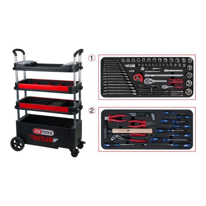 KS Tools BUTLER gereedschapswagen / montagewagen, inklapbaar, neerlaatbaar en afsluitbaar met 175 premium gereedschappen