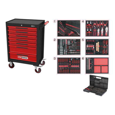 KS Tools Carrello da officina ECOline con 7 cassetti e 598 utensili premium, nero-rosso