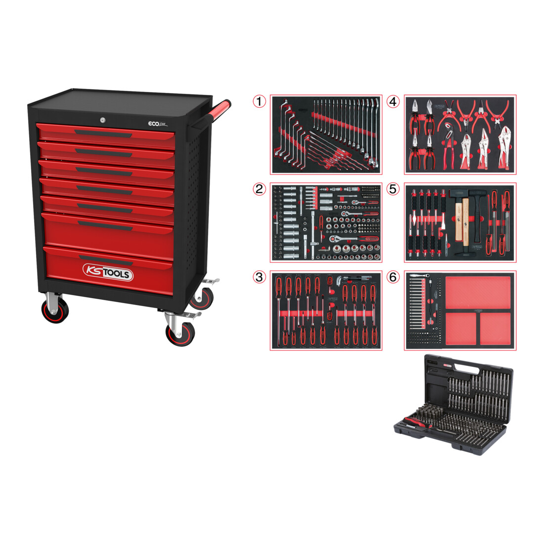 KS Tools Carrello da officina ECOline con 7 cassetti e 598 utensili premium, nero-rosso