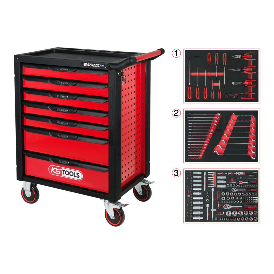 KS Tools Carrello da officina RACINGline Nero/Rosso con 7 cassetti e 215 utensili premium