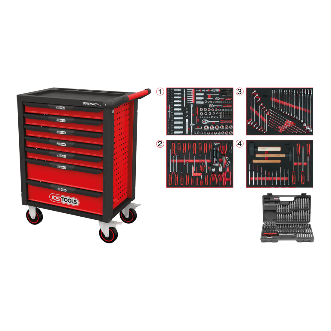 KS Tools Carrello da officina RACINGline Nero/Rosso con 7 cassetti e 515 utensili premium