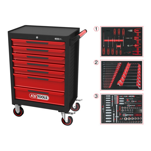 KS Tools Carrello per officina ECOline, nero/rosso, con 215 utensili premium, 7 cassetti