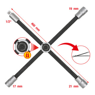 KS Tools Chiave a croce per bulloni ruote auto con snodo, 1/2"x17x19x21mm