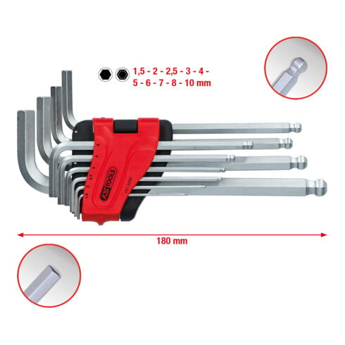 KS Tools Chiavi maschio esagonali con testa sferica piegate, lunghe, metriche, 10pz.