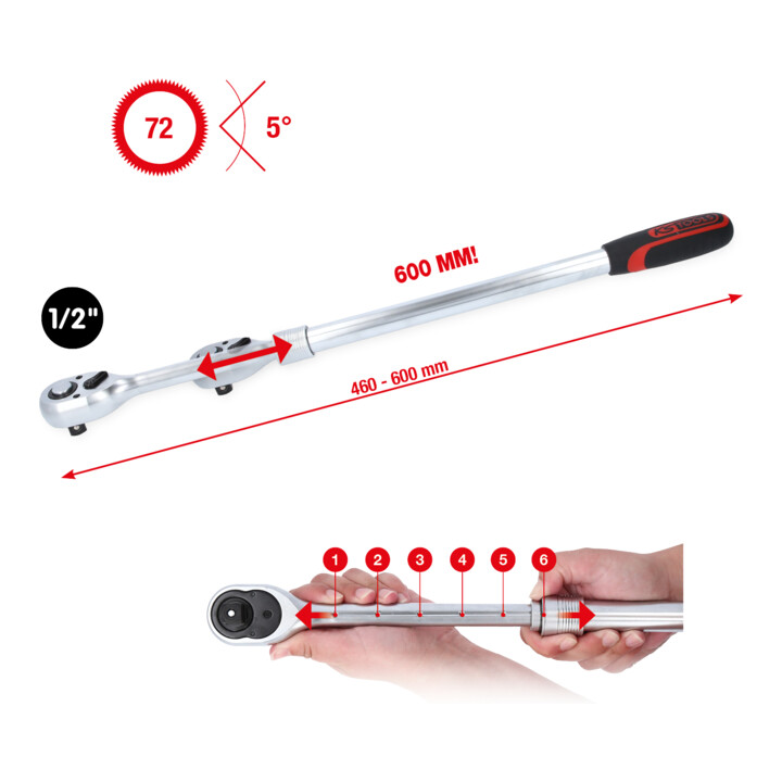 KS Tools Cliquet réversible télescopique 1/2" extra long, 72 dents