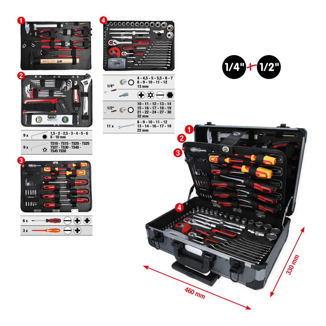 KS Tools Coffret de douilles et cliquets 1/4" + 1/2", 130 pcs