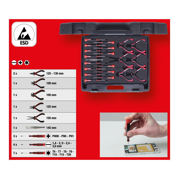 KS Tools Coffret de pinces et tournevis électroniques, 21 pcs.