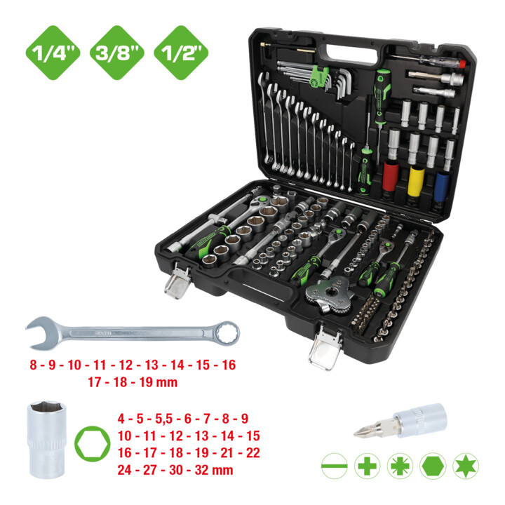 KS Tools COMPETITION 1/4"+3/8"+1/2" Steeksleutelset, 132-delig, auto-specialist