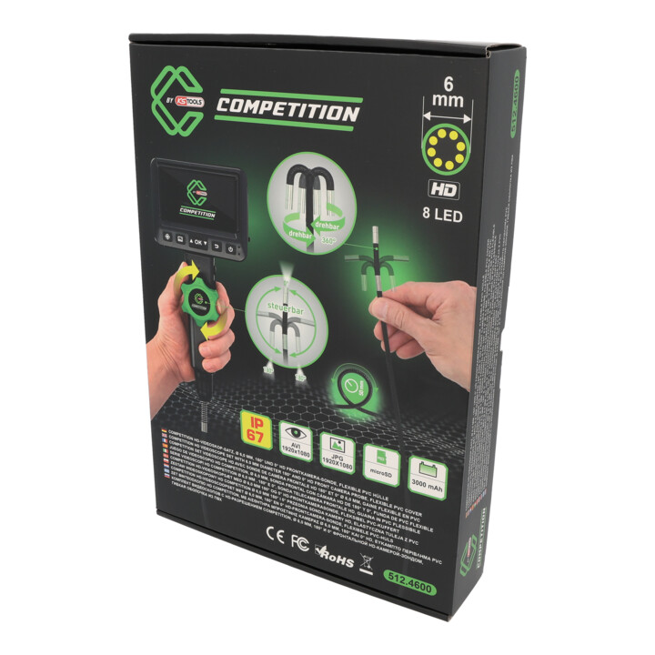 KS Tools COMPETITION Kit vidéoscope HD, Ø 6,0 mm, caméra frontale HD 180° et 0°, gaine PVC flexible