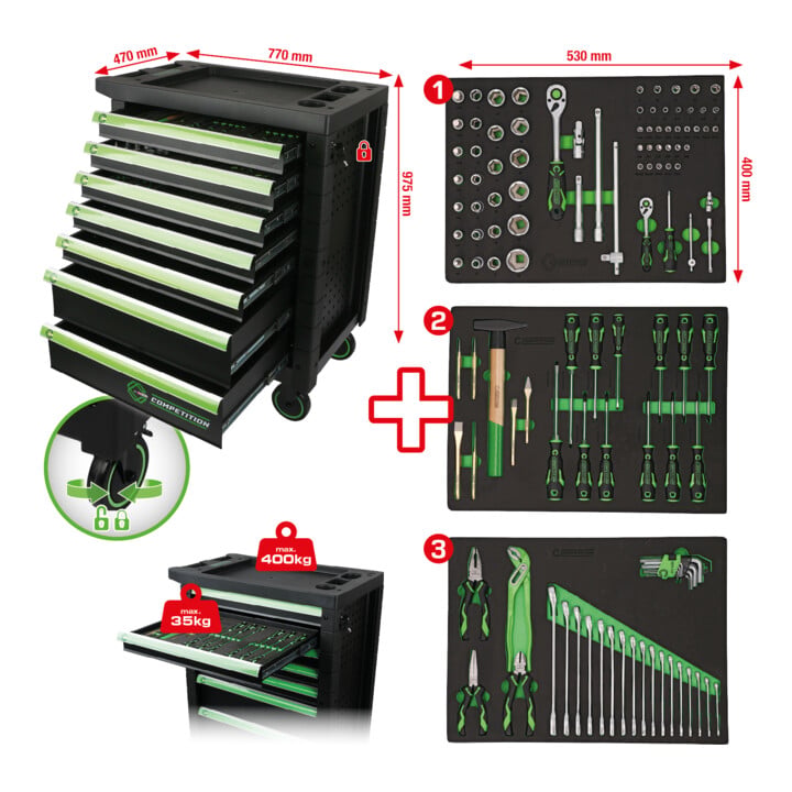 KS Tools COMPETITION Werkstattwagen mit 7 Schubladen und 119 Premium-Werkzeugen