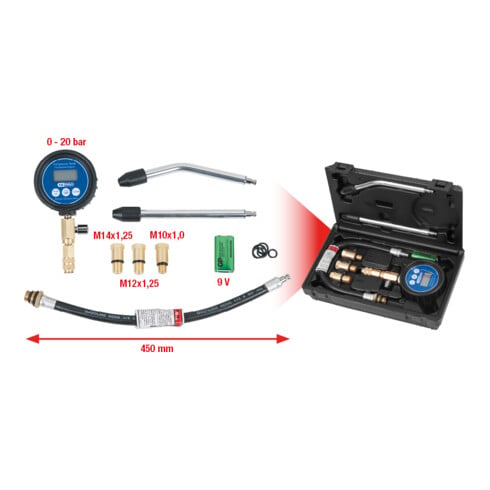 KS Tools compressie tester set, digitaal, 7 delig