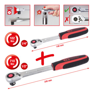 KS Tools Cricchetti reversibili SlimPOWER, 2pz., 1/4" + 1/2"