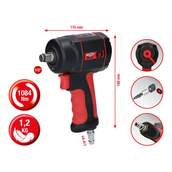 KS Tools DE miniDEVIL krachtige luchtslagmoersleutel 1/2 inch, 1084Nm