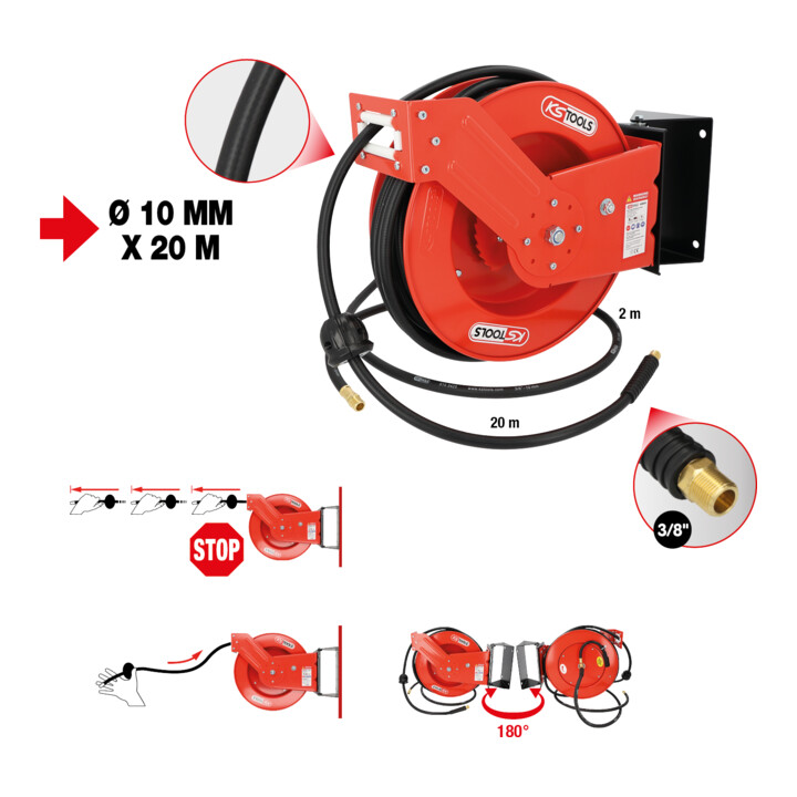 KS Tools Druckluft-Schlauchaufroller Ø10 mm, Anschluss 3/8", 20 m