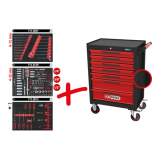 KS Tools ECOline BLACK/ROT Werkplaatswagen met 7 laden en 215 premium gereedschappen