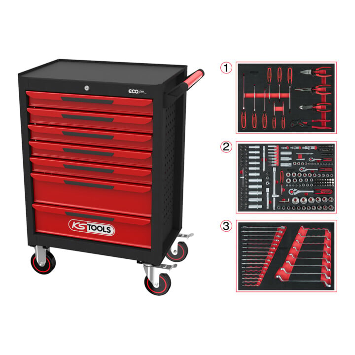 KS Tools ECOline BLACK/ROT Werkplaatswagen met 7 laden en 215 premium gereedschappen