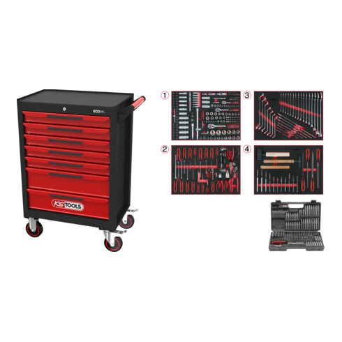 KS Tools ECOline werkplaatswagen met 7 laden en 515 premium gereedschappen, zwart-rood