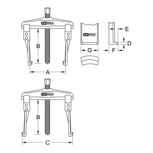 KS Tools Estrattore universale 2 bracci con gancio sottile e allungato, 20-90mm, 250mm, 3,5t