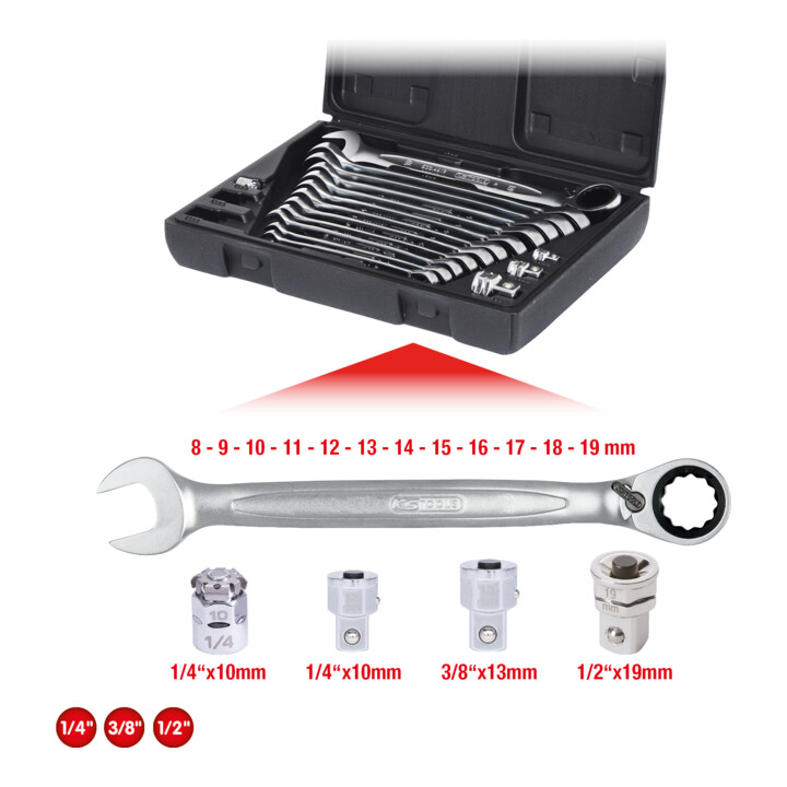 KS Tools GEARplus ratelringsleutelset, omkeerbaar, 16-delig.