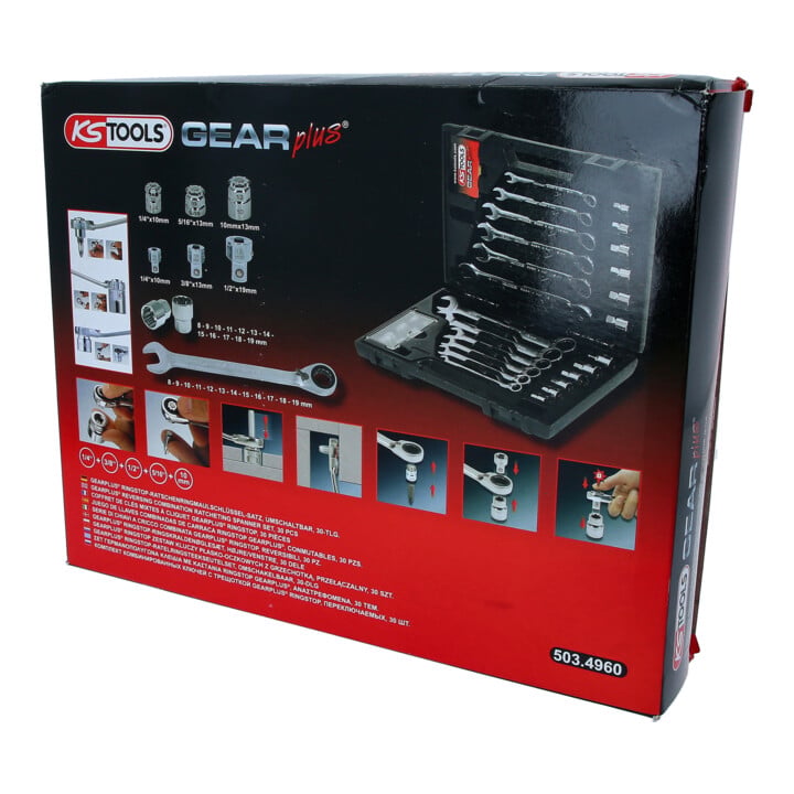 KS Tools GEARplus RINGSTOP-Ratschenringmaulschlüssel-Satz, 30-teilig mit Adapter