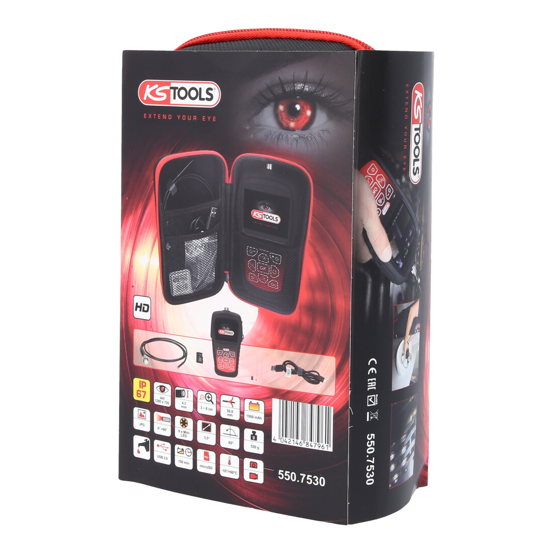 KS Tools HD videoscoop set met diameter 4,5 mm 0 graden en 90 graden HD front camera probe, omschakelbaar, 7 st.