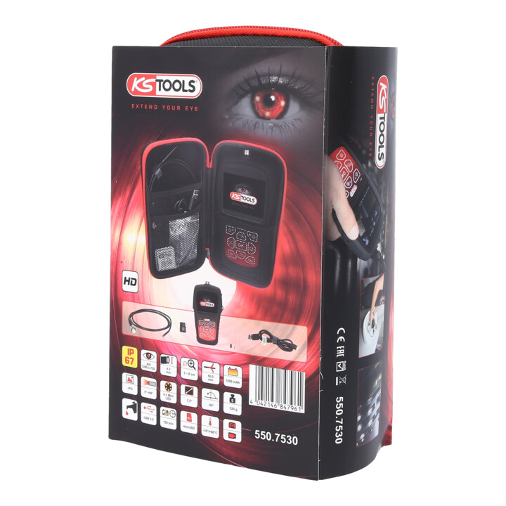 KS Tools HD videoscoop set met diameter 4,5 mm 0 graden en 90 graden HD front camera probe, omschakelbaar, 7 st.