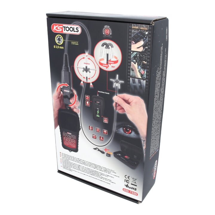 KS Tools HD-Videoskop-Satz mit Ø 3,9 mm 180° und 0° HD Frontkamera-Sonde, flexible PVC Hülle, 3-tlg