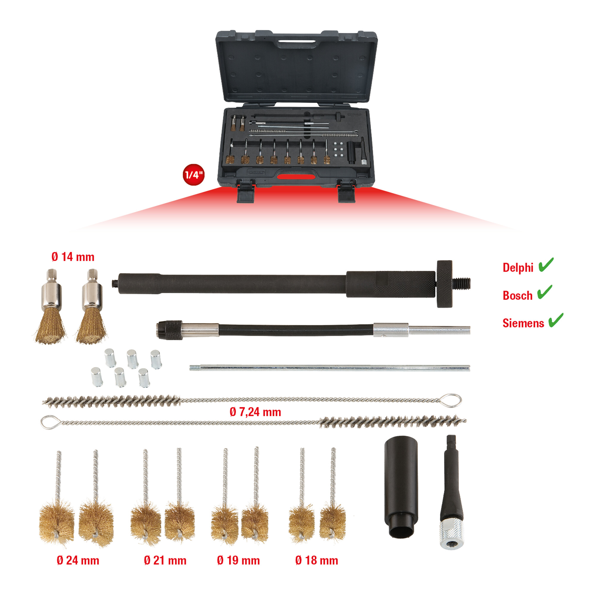 KS Tools Injektorenschacht-Reinigungs-Satz 23-tlg. Stahl Bürsten Schneidwerkzeuge Adapter 150.2990