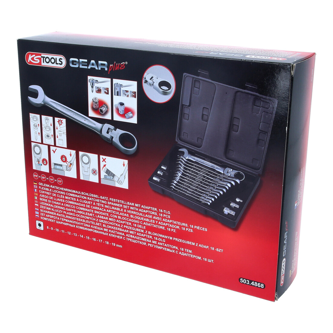 KS Tools Jeu de clés mixtes à cliquet à tête inclinable à verrouillage GEARplus, 18 pcs.