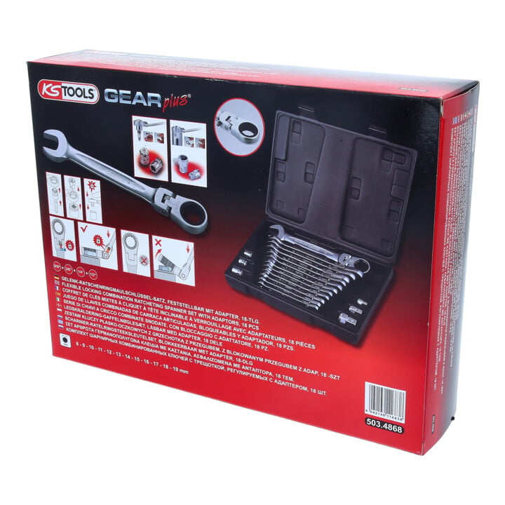 KS Tools Jeu de clés mixtes à cliquet à tête inclinable à verrouillage GEARplus, 18 pcs.